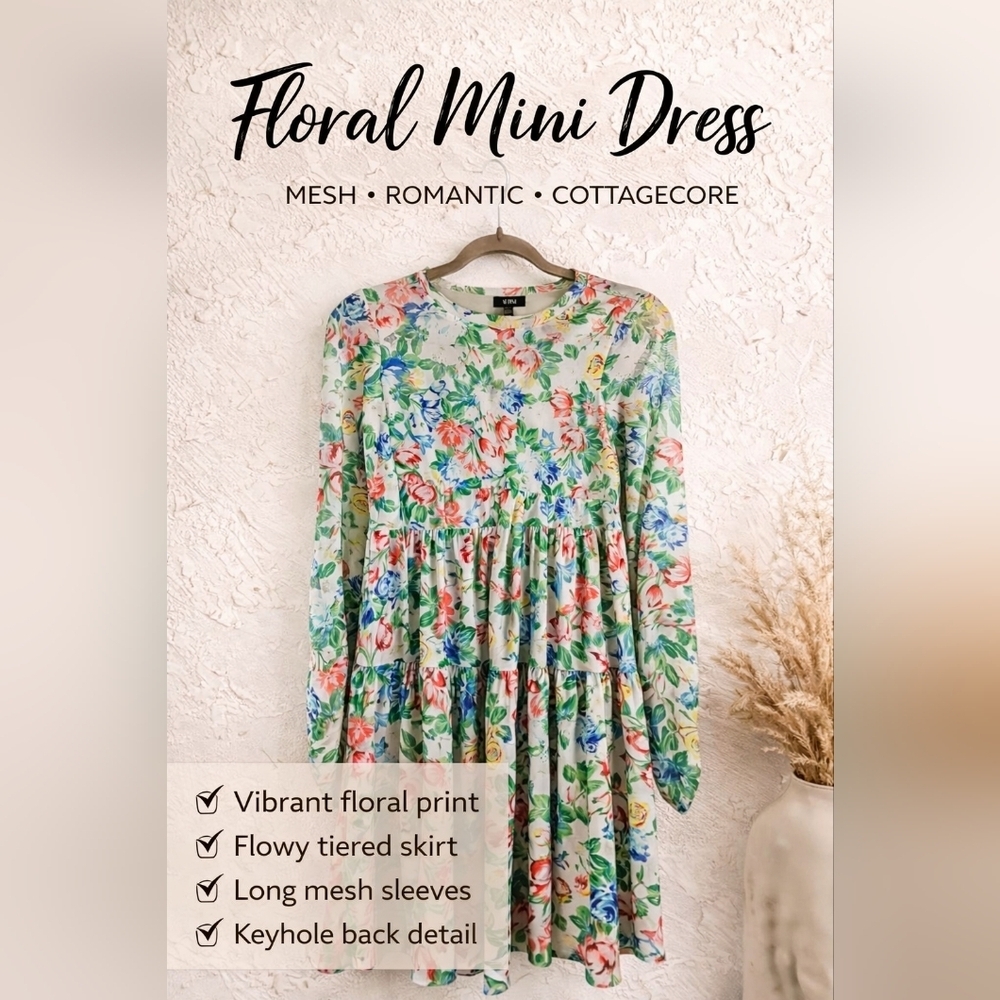 AFRM x Nordstrom Floral Mini Dress XS Mesh Long Sleeve Cottagecore Romantic